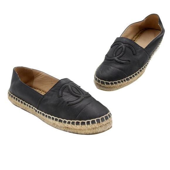 Chanel Espadrille 38 Leather Cc Double Stacked Flats CC-0225N-0049 - Picture 1 of 13